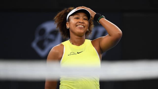 Naomi Osaka reacts after winning her match against Tamara Korpatsch during the first round of the Brisbane International.